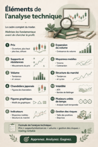 Illustration montrant les éléments de l'analyse technique pour le trading en bourse.