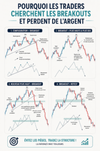 Illustration d'une femme analysant des graphiques de trading avec des tendances de breakout.