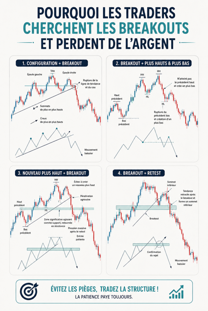 Illustration d'une femme analysant des graphiques de trading avec des tendances de breakout.