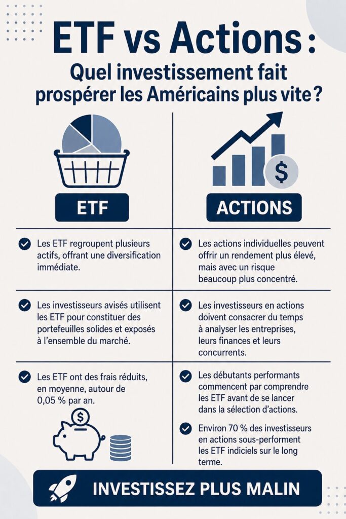 Un graphique illustrant les différences entre ETF et actions en bourse.
