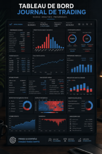Une femme consultant son journal de trading sur un bureau, affichant des graphiques et des annotations.