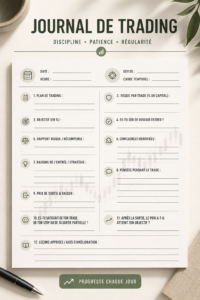 Vue d'un journal de trading ouvert avec des graphiques de performance et des notes.