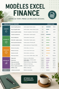 Bureau avec un ordinateur affichant des modèles Excel de gestion financière