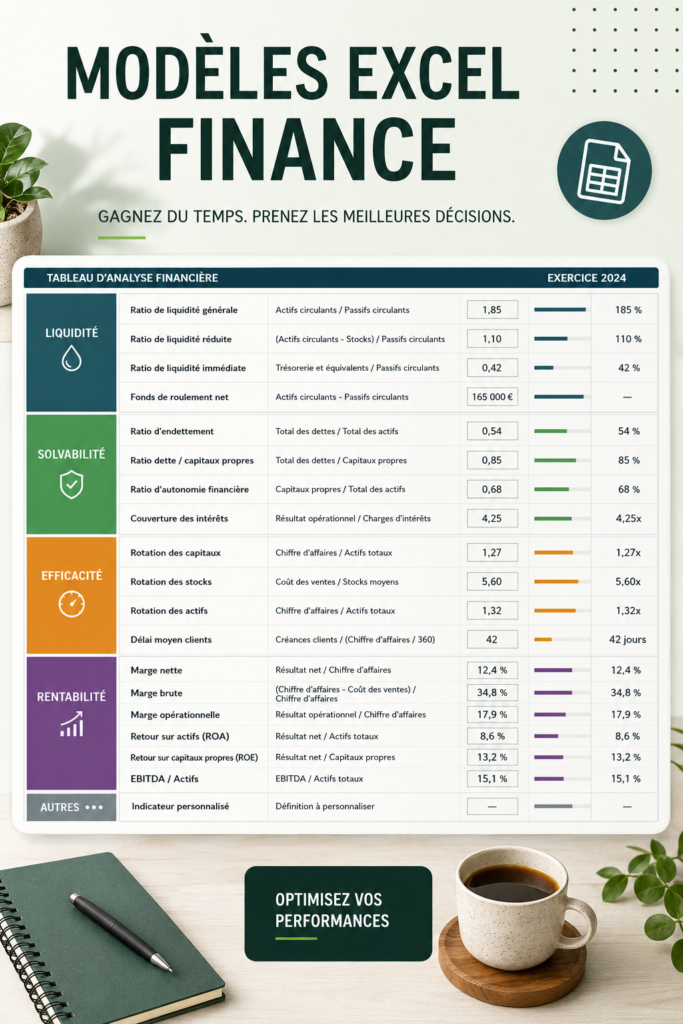 Bureau avec un ordinateur affichant des modèles Excel de gestion financière