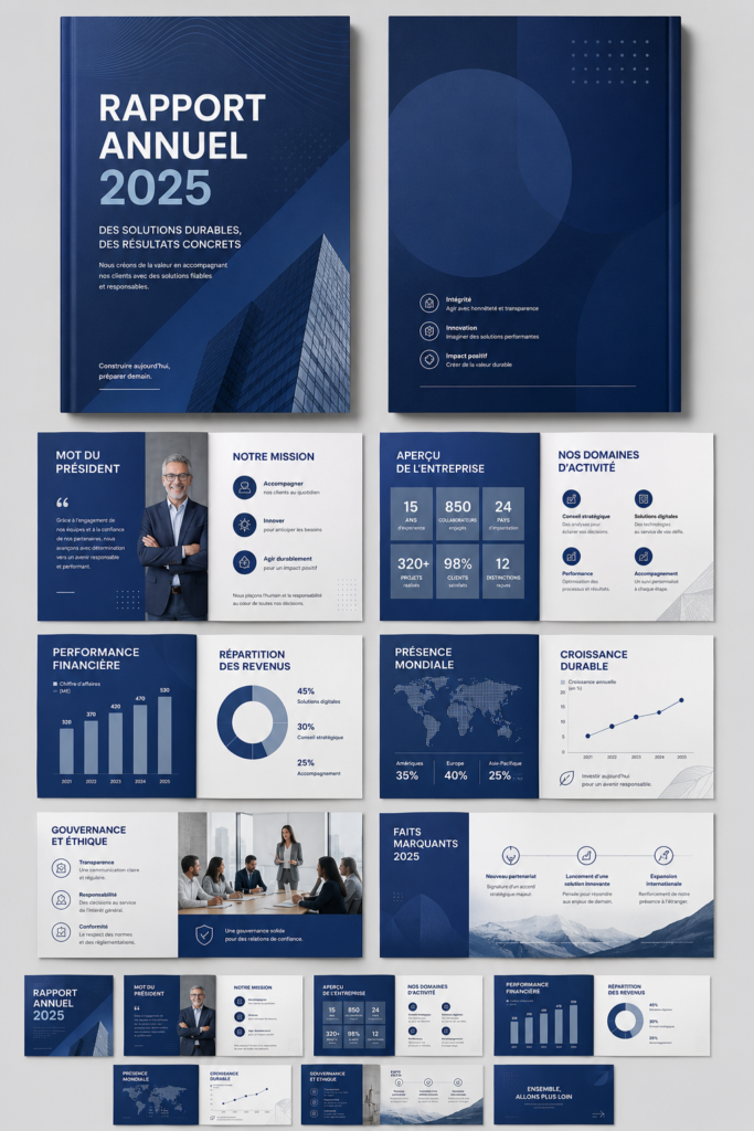 Un exemple de rapport annuel bien conçu illustrant des graphiques financiers et des analyses clés.
