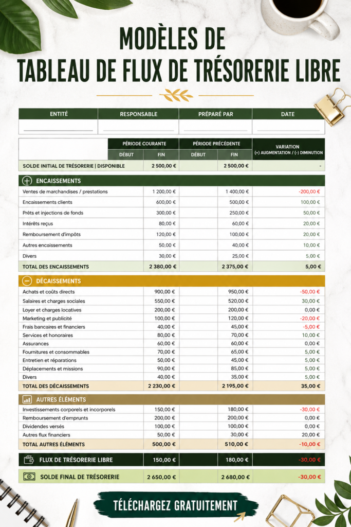 Exemple d'un tableau de flux de trésorerie utilisé pour la gestion financière.