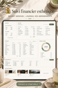 Planificateur financier esthétique sur Notion avec des graphiques colorés.