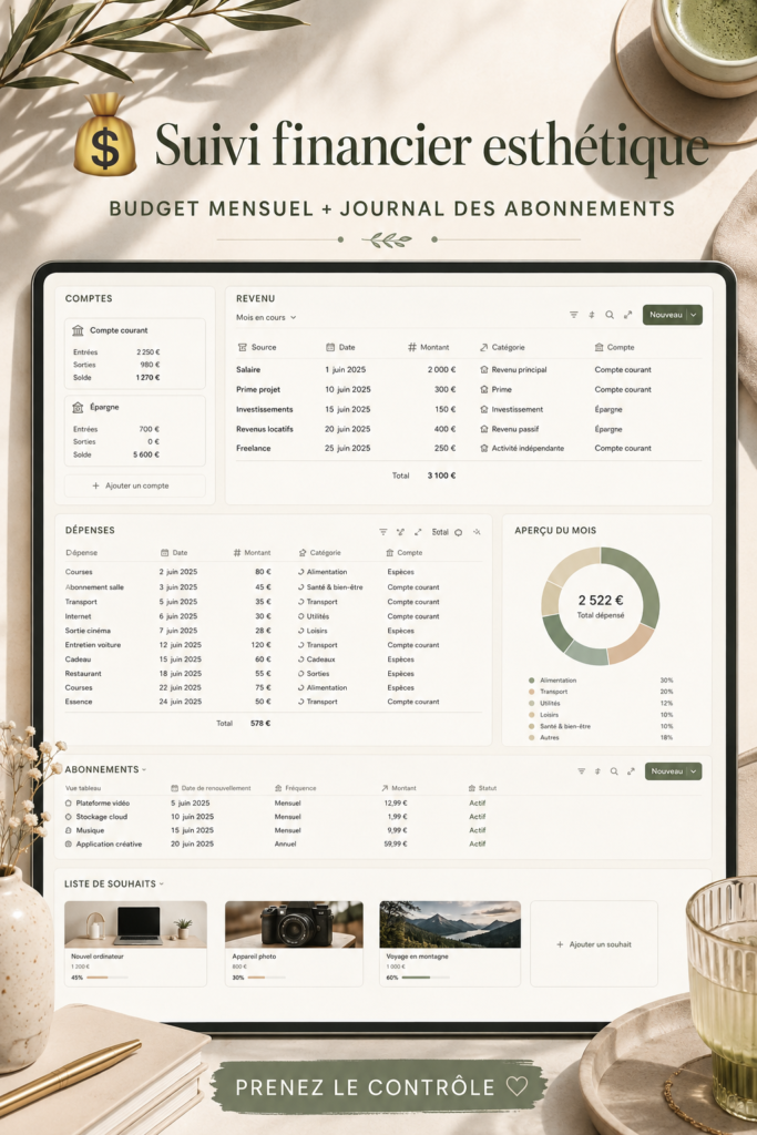 Planificateur financier esthétique sur Notion avec des graphiques colorés.