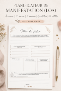 Une femme utilise un planner pour manifester l'abondance avec des notes inspirantes.