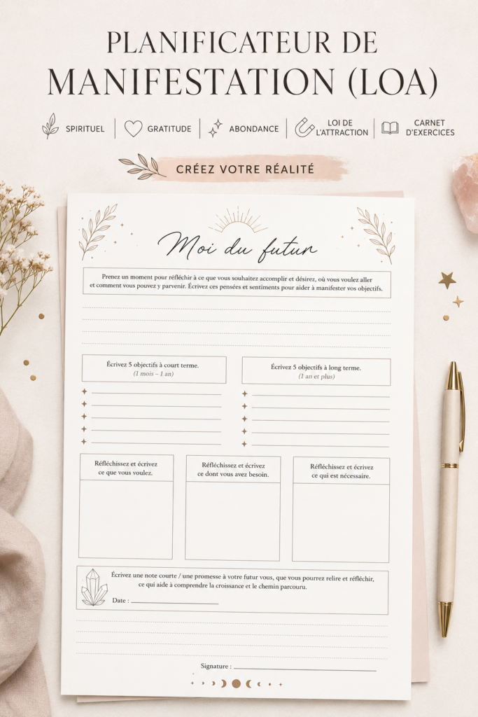 Une femme utilise un planner pour manifester l'abondance avec des notes inspirantes.