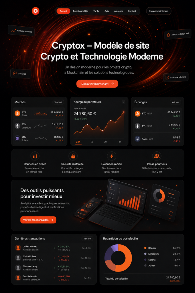 Un exemple de site web moderne dédié à la crypto avec un design fluide et attractif.