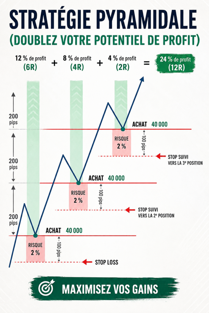 Schéma explicatif de la stratégie de trading pyramidal avec des gains potentiels