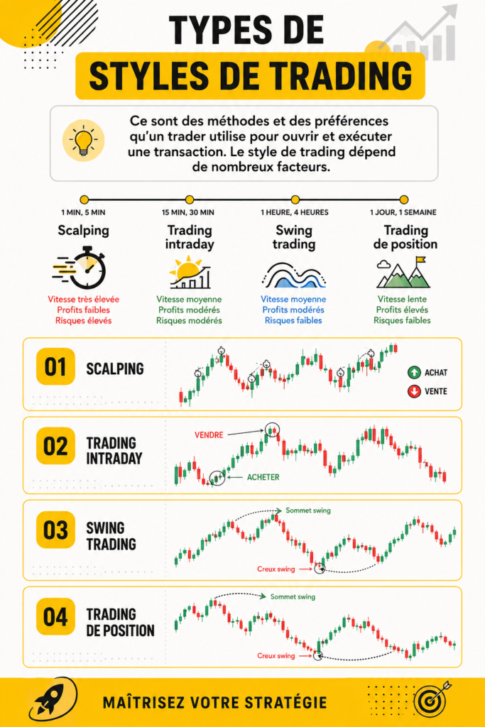 Illustration de différents styles de trading sur un graphique boursier.