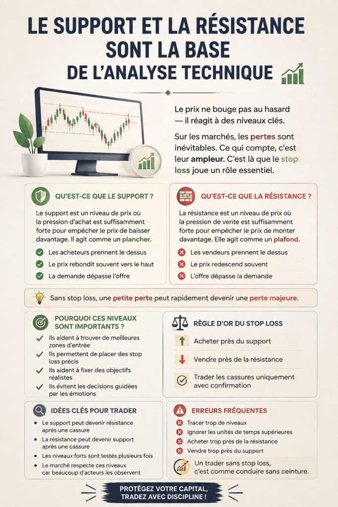 Graphique boursier illustrant les niveaux de support et de résistance