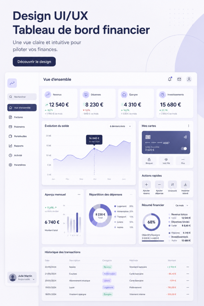 Tableau de bord financier moderne illustrant les investissements et le suivi des données