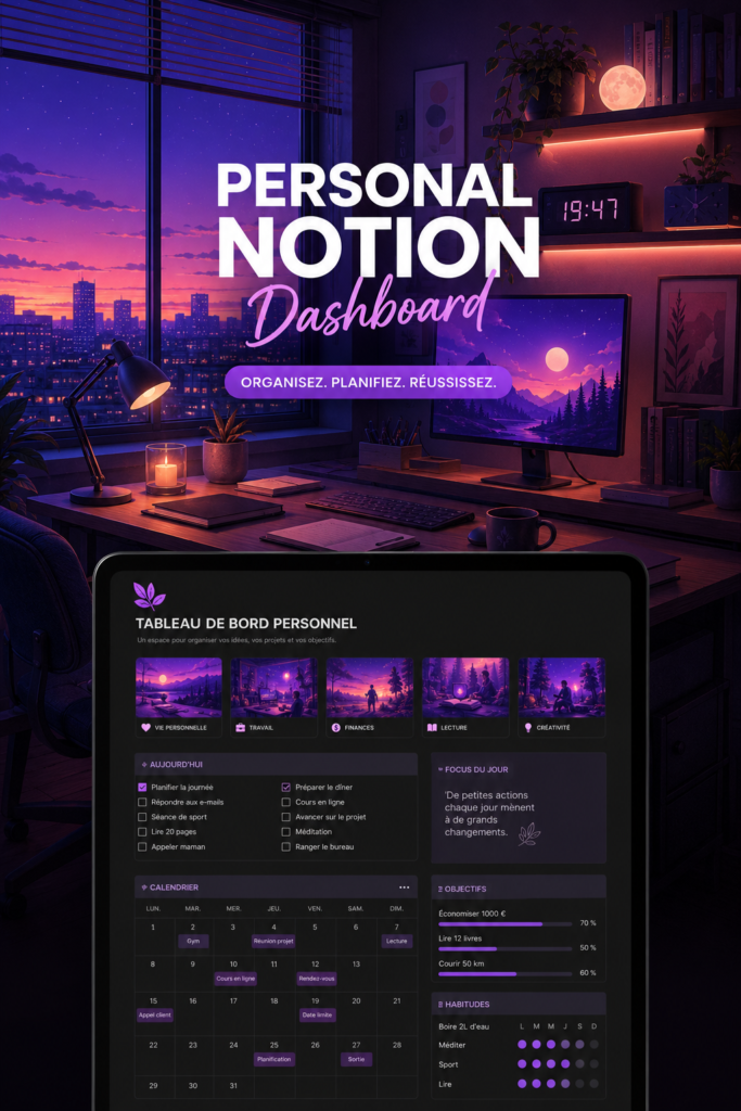 Vue d'un écran d'ordinateur avec un tableau de bord Notion bien organisé.