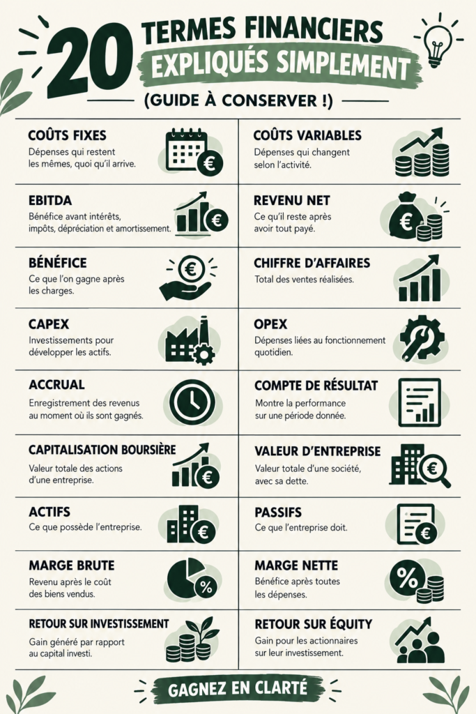 Illustration d'un guide financier avec des termes expliqués simplement, idéal pour les femmes souhaitant investir.