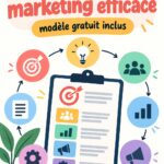 Femme en train de travailler sur son plan marketing avec un ordinateur et des cahiers
