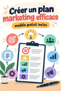 Femme en train de travailler sur son plan marketing avec un ordinateur et des cahiers