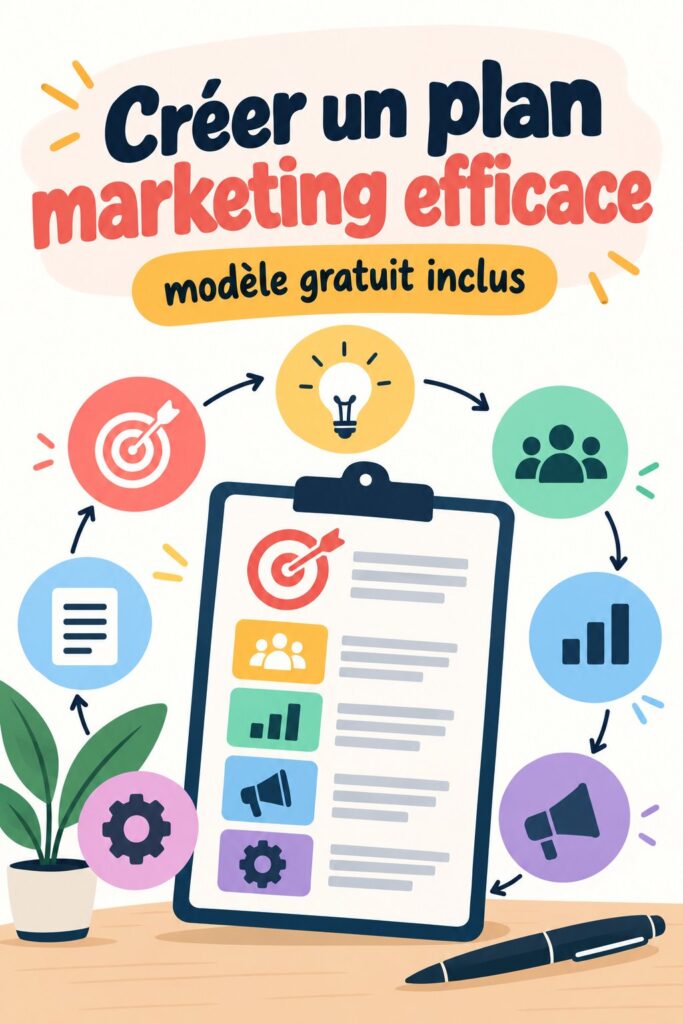 Femme en train de travailler sur son plan marketing avec un ordinateur et des cahiers