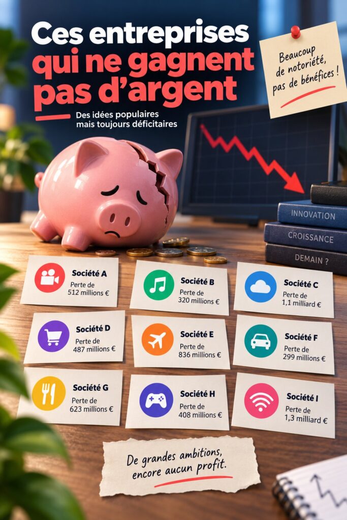 Série d'illustrations représentant des entreprises en difficulté financière, symbolisant la problématique de l'absence de bénéfices.