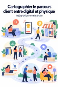 Illustration d'une expérience client combinant digital et physique, illustrant le concept de phygital.