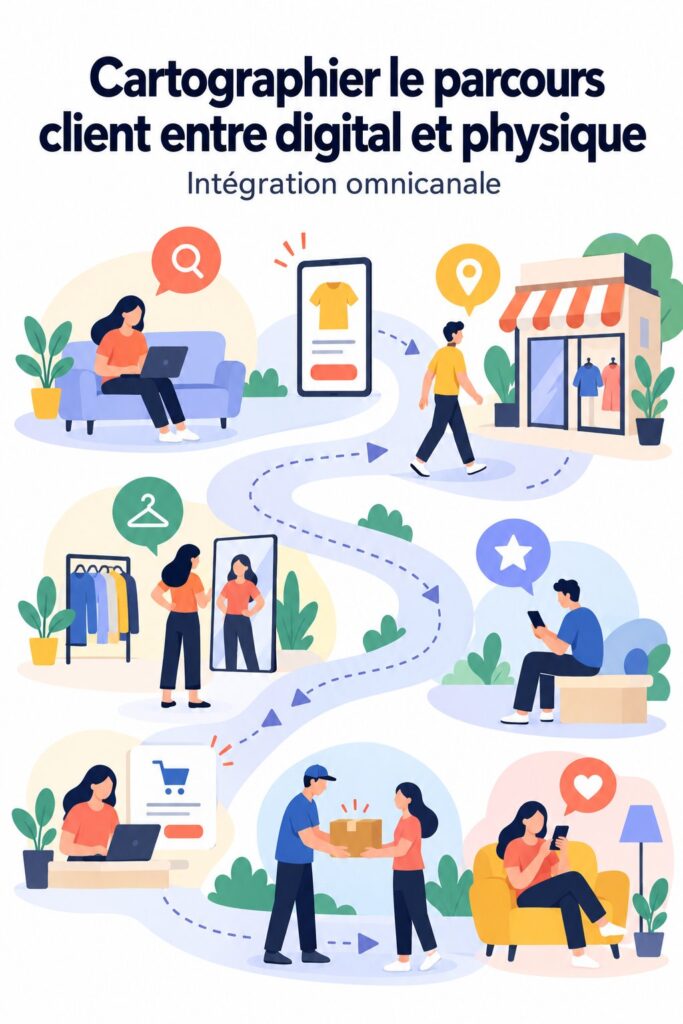 Illustration d'une expérience client combinant digital et physique, illustrant le concept de phygital.
