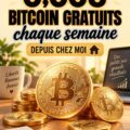 Femme souriante utilisant son ordinateur pour gagner du Bitcoin à la maison.