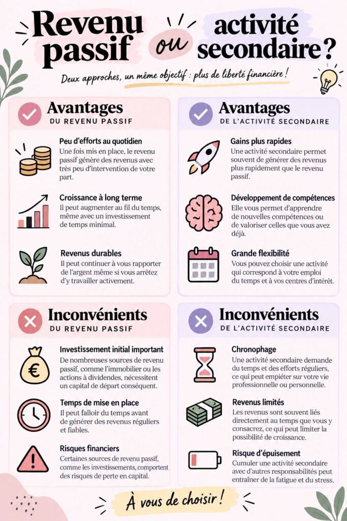 Femme réfléchissant à ses options de revenus passifs et side hustle.