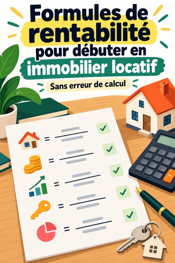 Illustration d'un calcul de rentabilité immobilière avec des graphiques et des formules.