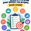 Illustration représentant une femme supervisant un projet de manière organisée et efficace.