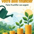 Une femme souriante en train de calculer ses économies avec un ordinateur et des graphiques financiers.