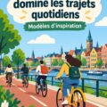 Femme souriante sur un vélo à travers une rue animée d'une ville européenne
