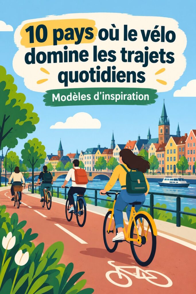 Femme souriante sur un vélo à travers une rue animée d'une ville européenne