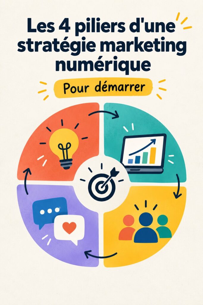 Visuel illustratif des quatre piliers d'une stratégie marketing digital réussie, mettant en avant des éléments clés.